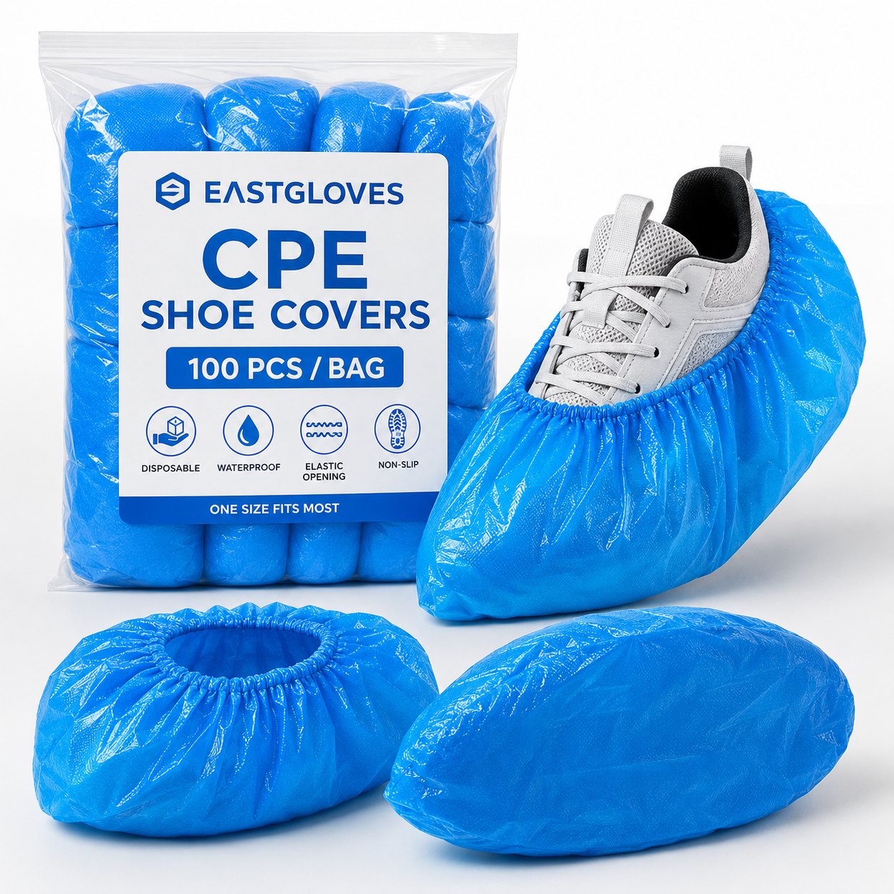 EASTGLOVES blue CPE disposable shoe covers 100 pcs per bag