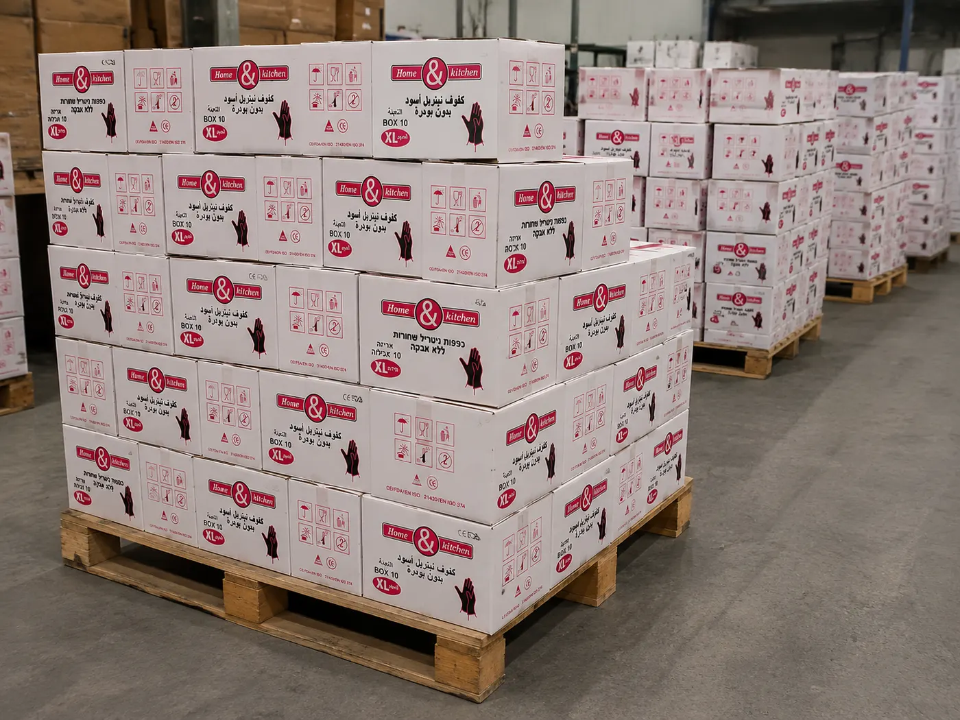 Private label black nitrile glove cartons prepared on pallets