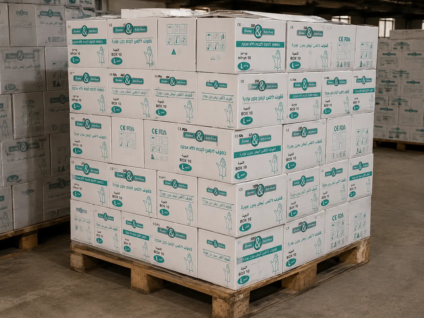 Multilingual private label disposable glove cartons on a pallet
