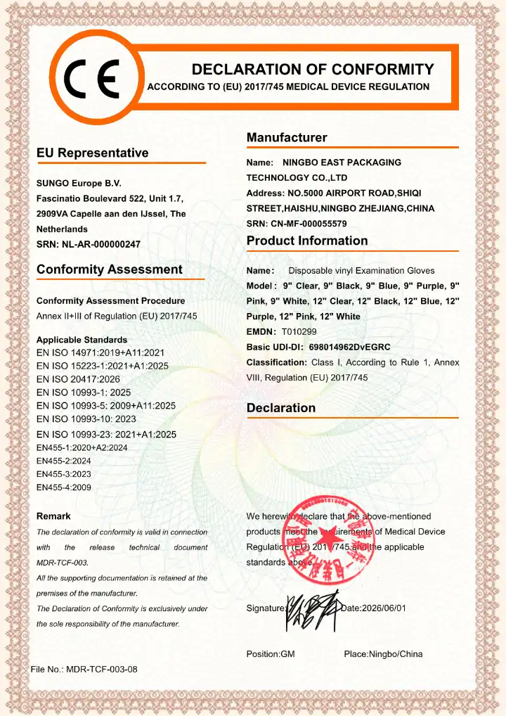 Protected preview of vinyl examination gloves EU declaration of conformity